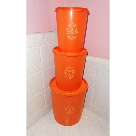 Vintage Orange Tupperware Nesting Canister Set of 3 servalier mcm 1970s storage - Picture 7 of 16